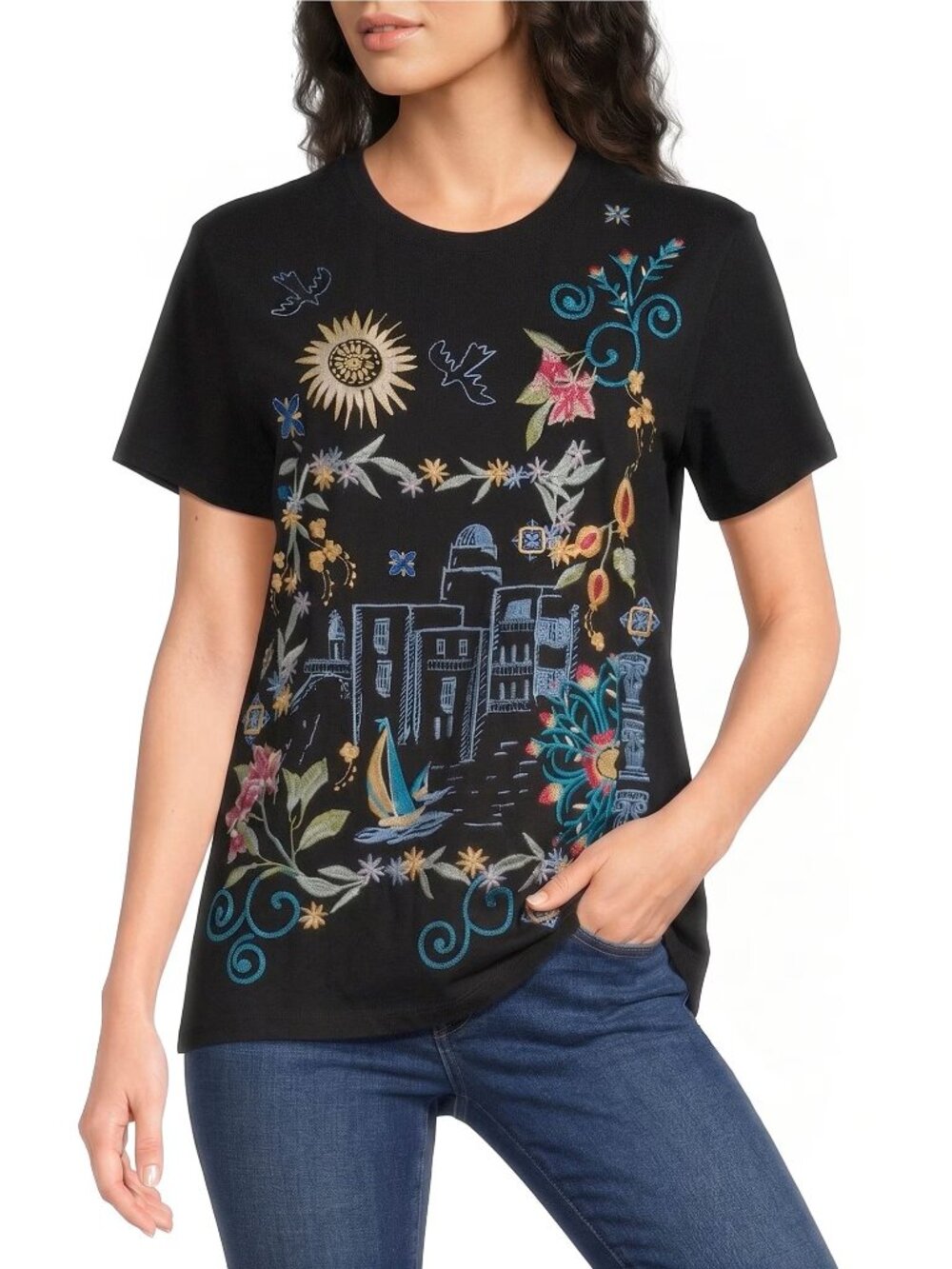 Johnny Was Santorini Crew Short Tee Floral Embroidery Shirt Cotton Black Top NEW